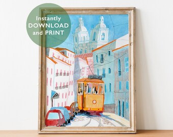 Lisbon Yellow Tram Art Print: Hand-Drawn Street Scene (Digital Download)