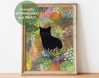 Può includere: Un gatto nero seduto in un giardino astratto colorato con fiori verdi, gialli, rosa e arancioni. Il gatto ha gli occhi gialli ed è circondato da vari motivi floreali.