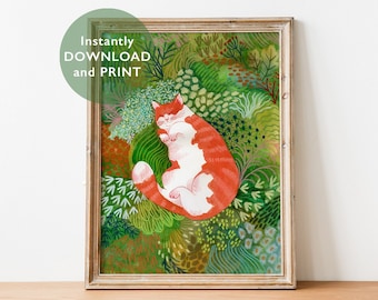 Ginger Cat Sleeping Art Print: Playful Feline Illustration (Digital Download)