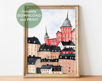 Impressão da paisagem urbana de Estocolmo: pôster de viagem escandinavo (download digital)