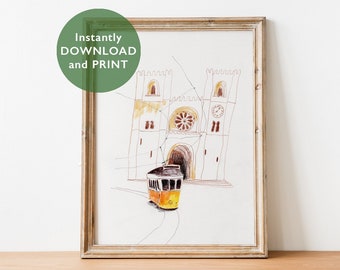 Lisbon Street Scene Print: Yellow Tram, Hand-Drawn Travel Poster (Digital Download)