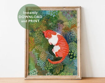 Impresión de gato pelirrojo: Dormitando en un jardín de primavera (Descarga digital)