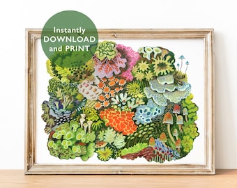 Moss and Mushroom Forest Art Print: Enchanting Botanical Decor (Digital Download)