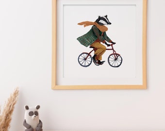 Badger on Bicycle Art Print: Whimsical Woodland Illustration