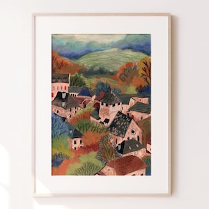 Herbst Landschaft Poster, Herbst Dorf in Hügel, Wand Kunst Herbst, Landschaft Druck, Herbst Dekor, rustikales Dorf Kunstdruck, gemütliches Wohndekor