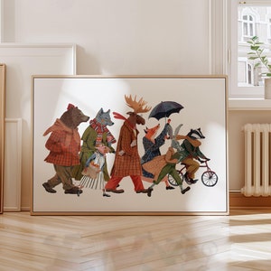 Lámina de arte de desfile de animales - Arte de pared para niños - Regalo para niños - Impresión dibujada a mano - Decoración de guardería - Niños y niñas - Póster con ilustración de animales
