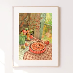 Gemütlicher Herbst Küche Art Print - Apfelkuchen und Obstkorb Poster - Stillleben Kunstdruck - Herbst Apfelkuchen Poster - Küchen Wanddekoration