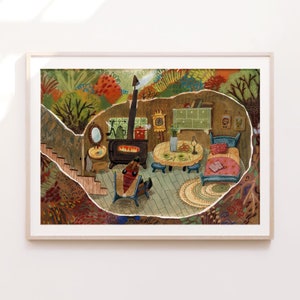 Poster autunnale per la cameretta dei bambini - Illustrazione di un accogliente cottage nel bosco - Arte murale autunnale per bambini - Decorazione calda e stravagante per la cameretta dei bambini - Stampa artistica autunnale