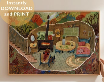 Woodland Cottage Kids Room Print: Whimsical Fall Nursery Art (Digital Download)