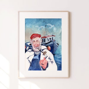 Impresión de arte de pescador / Cartel marítimo costero / Impresión de marinero oceánico / Arte gouache y pastel / Arte de pared náutica / Decoración marítima del hogar