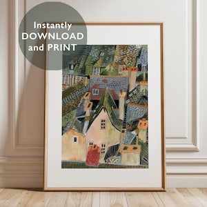 May include: A watercolor painting of a cityscape with a focus on the rooftops of the buildings. The roofs are a mix of green, gray, and brown, with some red accents. The painting is done in a stylized, almost abstract style.