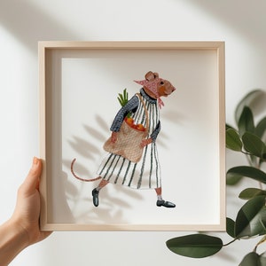 Stampa artistica con illustrazione di topo - Stampa artistica da parete con animali disegnati a mano - Decorazione con topo e cesto della spesa - Stampa artistica con tema bosco - Stampa artistica da parete per cameretta dei bambini