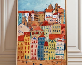 Könnte beinhalten: Ein farbenfrohes Gemälde einer Stadtlandschaft mit roten, gelben, blauen und grünen Gebäuden. Die Gebäude sind dicht beieinander und haben verschiedene Formen und Größen. Der Himmel ist blau und in der Ferne sind Wolken zu sehen.