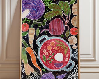 Ukrainian Borscht Art Print – Folk Food Illustration, Kitchen Decor