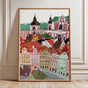 Cartel de viaje del casco antiguo de Poznan - Impresión de arte de la ciudad vieja - Pintura de Poznan - Cartel de la ciudad de viaje vintage - Casas coloridas de la ciudad - Arte pintado a mano