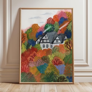 Landhaus Cottage Kunstdruck - Herbst Kinderzimmer Poster - Gemütliches Cottage Herbst Kunstdruck - Herbsthaus Poster - Warmes Halloween Poster
