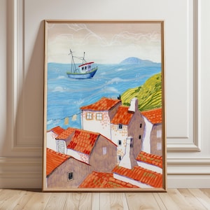 Mediterranean Seaside Village Art Print: Coastal Gouache Painting