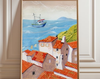 Mediterranean Seaside Village Art Print: Coastal Gouache Painting