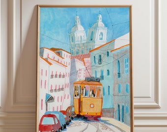 Lisbon Travel Poster: Hand-Drawn Yellow Tram Art Print