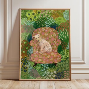 Stampa artistica "Cane accogliente" - Decorazione per la casa - Arte murale con cane - Illustrazione di cane - Regalo per lei, camera da letto, soggiorno, cucina, compleanno, anniversario, amore