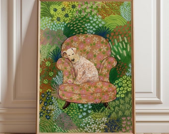 Cozy Dog Art Print: Floral Armchair, Whimsical Home Decor