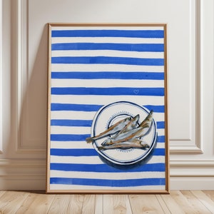 Stampa artistica di pesci – Decorazione da cucina costiera a righe blu nautiche – Poster di frutti di mare – Arte murale con vita marina mediterranea