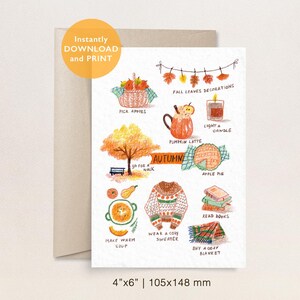 Carte postale d'automne - A6 - imprimable automne confortable - activités d'automne carte de voeux - décoration automne - petit cadeau - art saisonnier - 4 x 6
