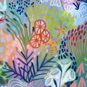 May include: Abstract painting featuring a colorful and whimsical garden scene with various flowers, plants, and foliage. The artwork is painted in a vibrant palette of blues, greens, yellows, oranges, and reds.