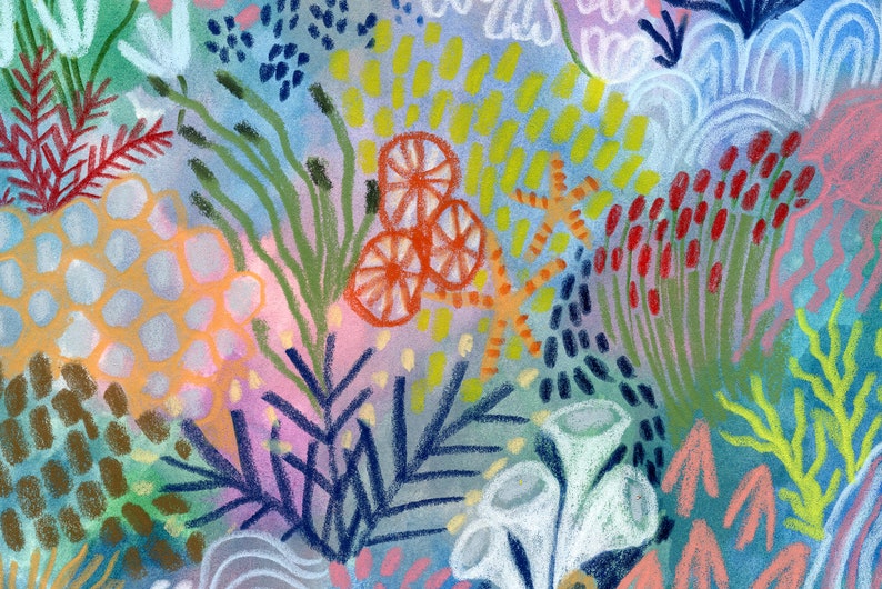 May include: Abstract painting featuring a colorful and whimsical garden scene with various flowers, plants, and foliage. The artwork is painted in a vibrant palette of blues, greens, yellows, oranges, and reds.