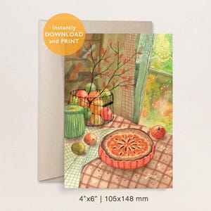 Cartão postal aconchegante de cozinha de outono | Ilustração de outono desenhada à mão | Download instantâneo 4x6 | Decoração de outono quente | Arte para impressão de torta e maçãs