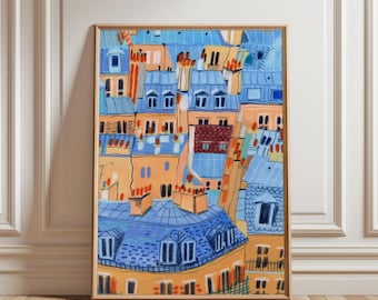 Impresión artística de tejados de París: arquitectura parisina dibujada a mano