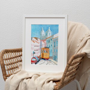 May include: A watercolor painting of a yellow tram traveling up a hill in a city. The tram is surrounded by colorful buildings and a blue sky.