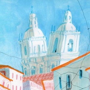 May include: A watercolor painting of a white building with two towers and a blue sky. The building is surrounded by other buildings with orange roofs.