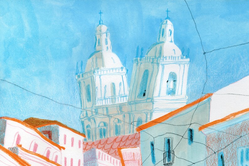 May include: A watercolor painting of a white building with two towers and a blue sky. The building is surrounded by other buildings with orange roofs.