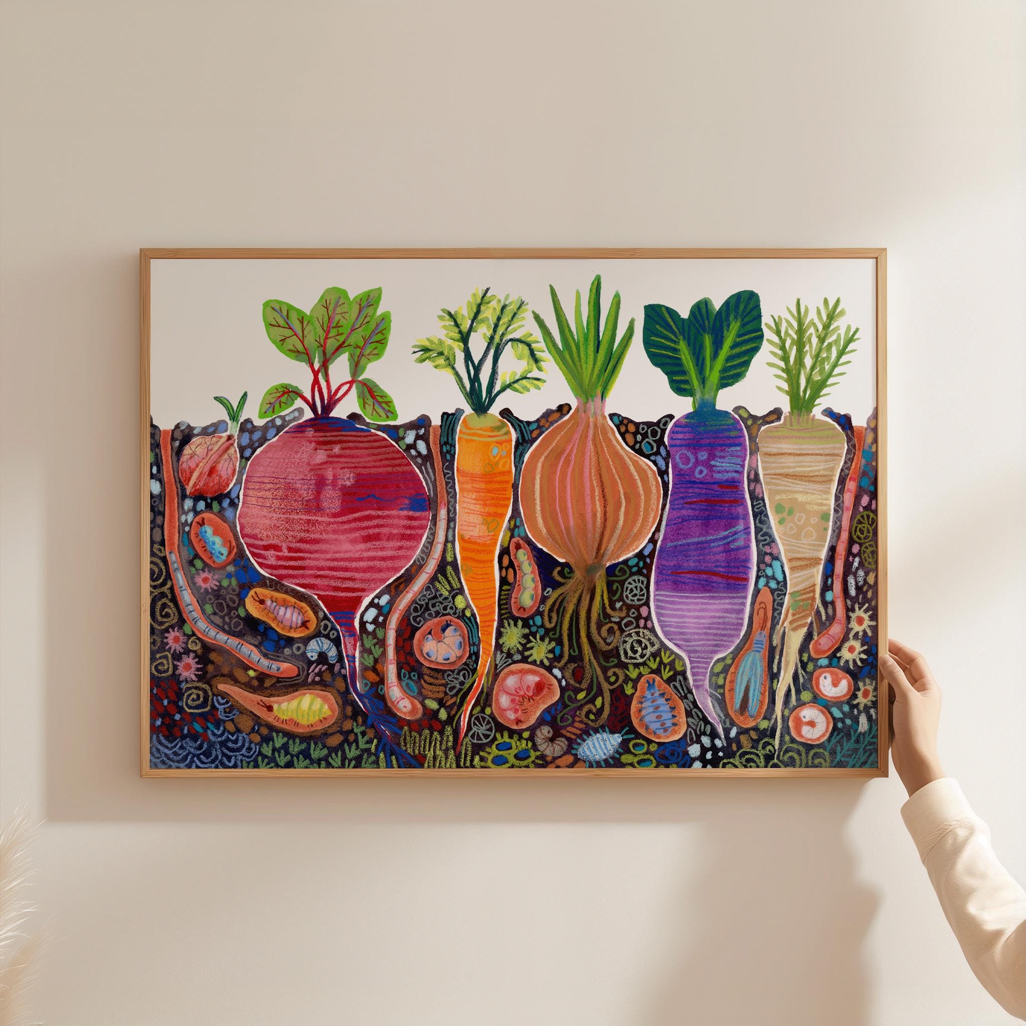 rustic vegetable kitchen prints | 3-piece wall art |... Folk Art Root Vegetable Print – Kitchen Garden Illustration - Etsy