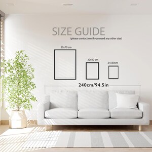 May include: Size guide for a print with three different sizes: 50x70 cm, 30x40 cm, and 21x30 cm. The print is shown on a white wall above a white couch. The total width of the print is 240 cm or 94.5 inches.