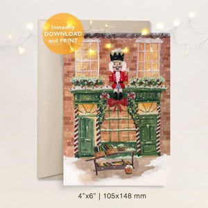 Christmas Bookshop Postkarte - A6 Herunterladbare Weihnachtskarte - Nussknacker Winter Illustration - Weihnachtsbücher & Kaffeestube Postkarte