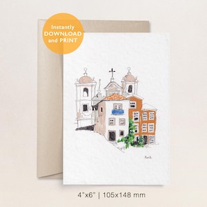 Postal de paisaje urbano de Oporto / Ilustración de Oporto dibujada a mano / Descarga instantánea de 4x6 / Impresión artística de viaje a Portugal / Postal de viaje a Portugal