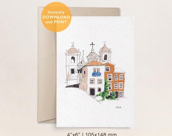 Porto Cityscape Postcard: Hand-Drawn Portugal Travel Art (4x6 Instant Download)