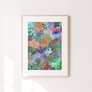 May include: A colorful abstract painting featuring a variety of shapes and patterns, reminiscent of a garden or underwater scene. The artwork is dominated by shades of blue, green, pink, and yellow, with hints of red and orange.