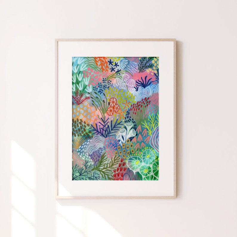 May include: A colorful abstract painting featuring a variety of shapes and patterns, reminiscent of a garden or underwater scene. The artwork is dominated by shades of blue, green, pink, and yellow, with hints of red and orange.