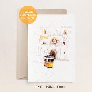 Pocztówka z tramwajem w Lizbonie | Ilustracja miasta Lizbona rysowana ręcznie | 4x6 Natychmiastowe pobranie | Wydruk artystyczny z podróży po Portugalii | Dekoracja miejska