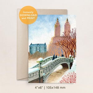 Carte postale hiver Central Park - Pont Bow imprimable dans la neige - New York City - Carte postale de voyage - Téléchargement numérique