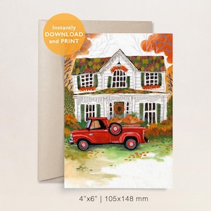 Herbst Haus digitale Postkarte - druckbare Herbstkunst - Sofortiger Download - Saisonales Wohndekor - Herbst Haus Postkarte - Roter LKW