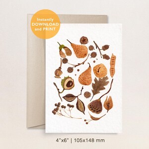 Postal imprimible de hojas y semillas de otoño, postal de otoño, regalo del Día de Acción de Gracias, follaje otoñal, descarga instantánea, impresión artística inspirada en la naturaleza