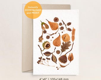 May include: A digital illustration of a collection of autumnal botanicals, including pears, acorns, and leaves, in shades of brown and orange. The illustration is on a white background and measures 4 inches by 6 inches.
