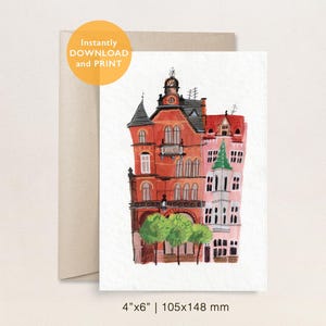 Postal de paisaje urbano de Legnica / Arte imprimible dibujado a mano / Ilustración de arquitectura de la ciudad de Polonia / Postal de viaje a Europa / Impresión del casco antiguo