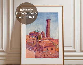 Stampa artistica sui tetti di Bologna: paesaggio urbano italiano dipinto a mano con guazzo (download digitale)