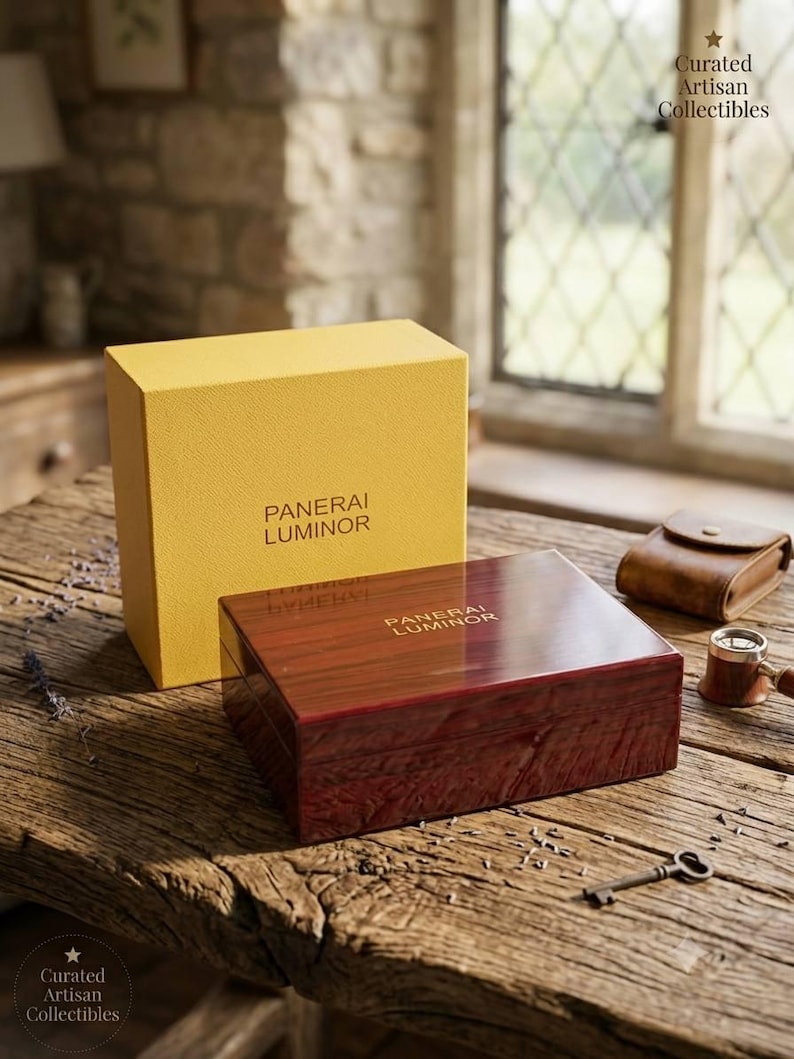 May include: A yellow rectangular box with the text PANERAI LUMINOR printed on the front, positioned behind a polished dark wood rectangular box that also features the text PANERAI LUMINOR in gold lettering on its top surface.