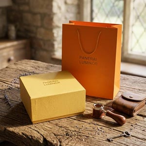 May include: An orange shopping bag and a yellow square box, both featuring the text Panerai Luminor. Beside them sits a brown wooden magnifying glass with a metal rim and a small brown leather pouch, along with a metal key on a wooden surface.